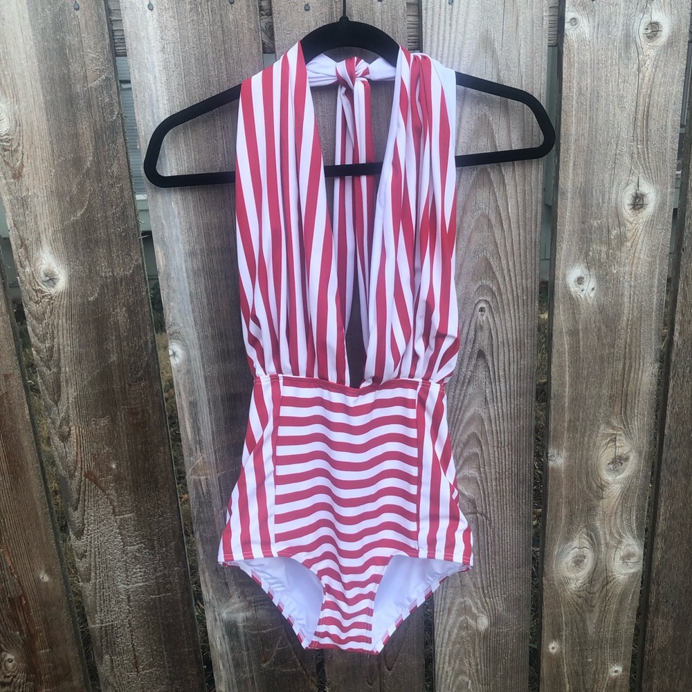 Cocoship Red and White Striped Halter Swimsuit